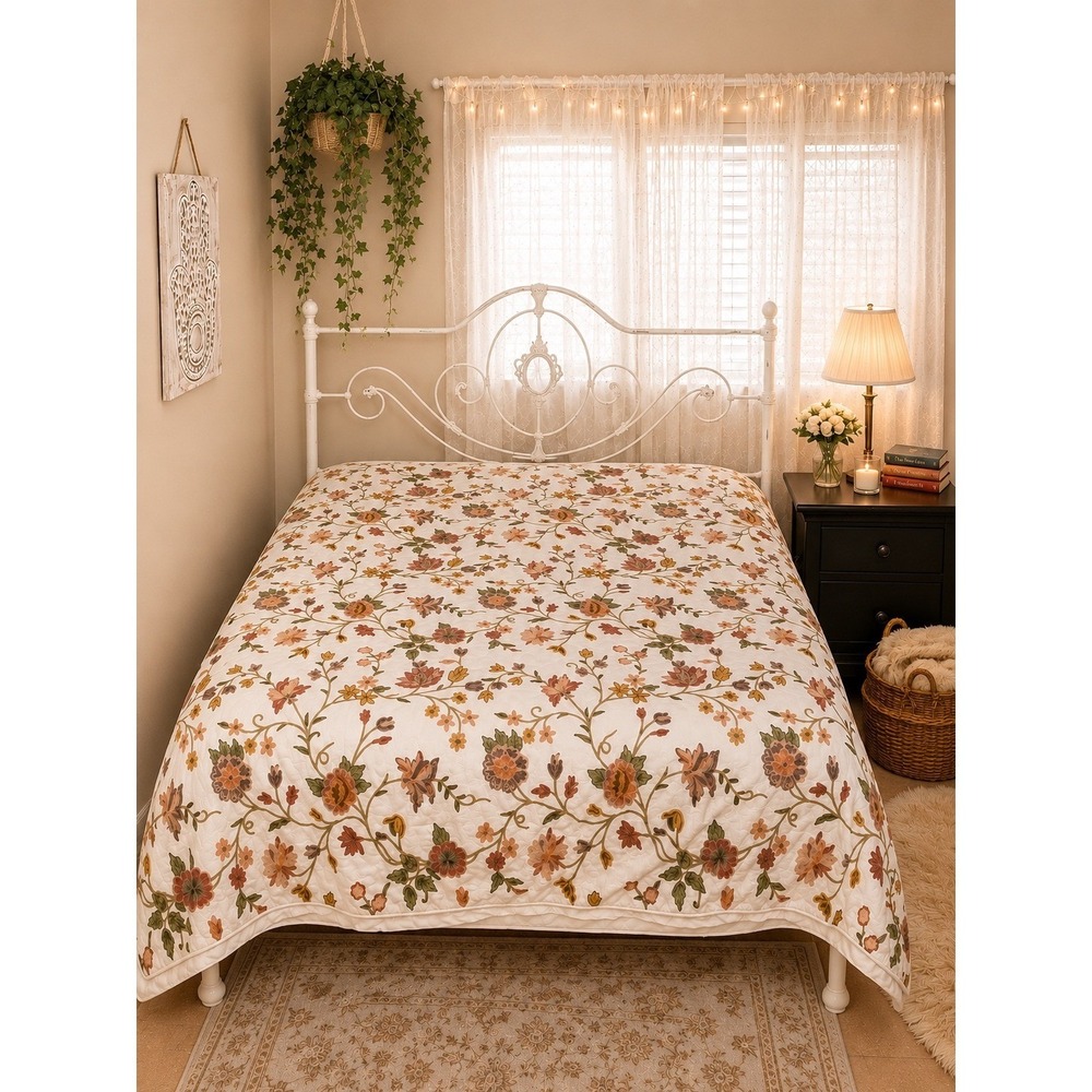 King Boho Crewel Embroidered Floral Quilt Anthropologie Style Cottagecore - Picture 1 of 5